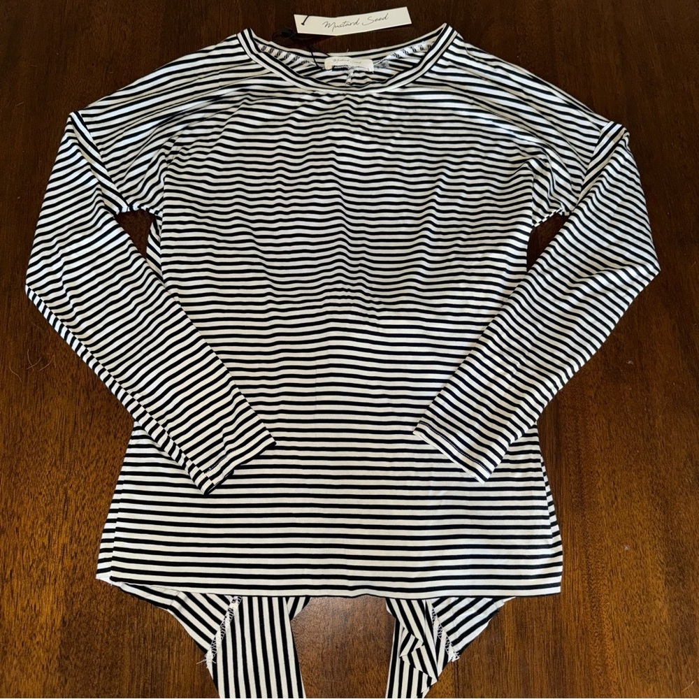 Mustard Seed NWT By the Bay Tie Back Stripe Long Sleeve Black White Shirt Small